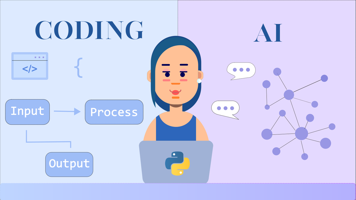 A kid using a laptop with coding elements on one side and AI chat bubbles on the other, symbolizing learning Python in an AI-driven world.