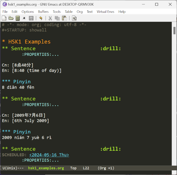 HSK 1 Examples Org-Drill File