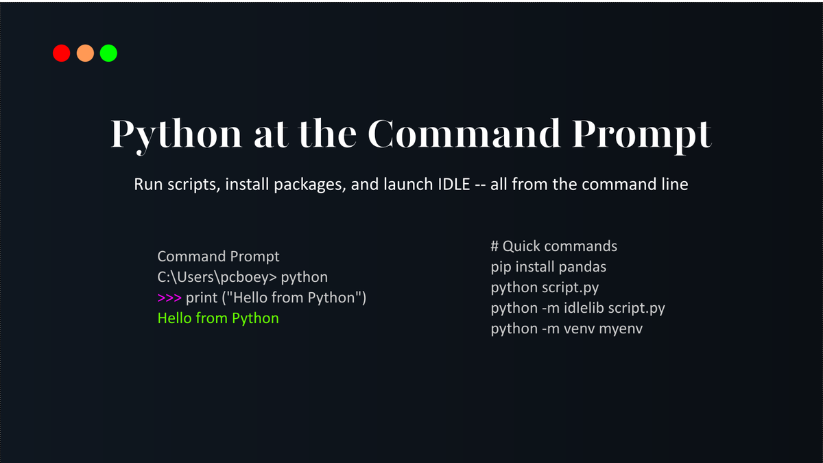 A clean, modern illustration of a Windows command prompt showing the Python shell and useful terminal commands, created for the article “Python at the Command Prompt.”