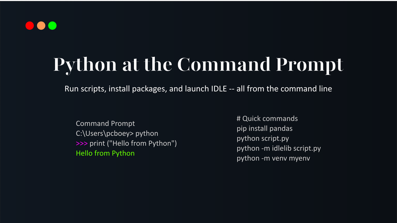 A clean, modern illustration of a Windows command prompt showing the Python shell and useful terminal commands, created for the article “Python at the Command Prompt.”